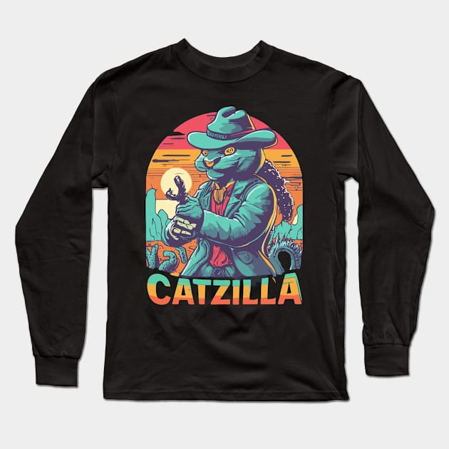 Vintage Catzilla Funny Cat Destroy Long Sleeve T-Shirt by kknows